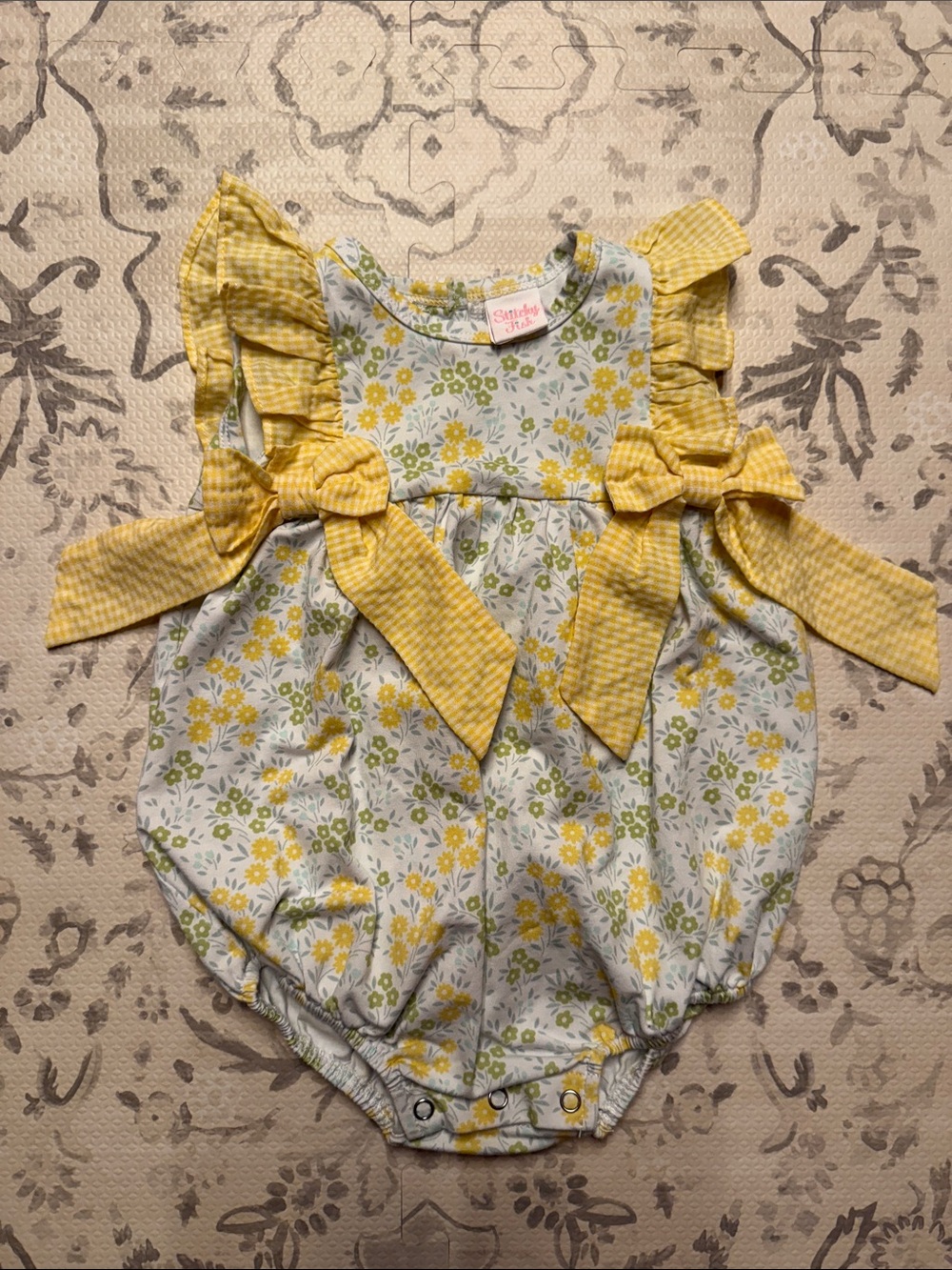 Stitchy Fish Yellow Floral Baby Romper with Gingham Bows